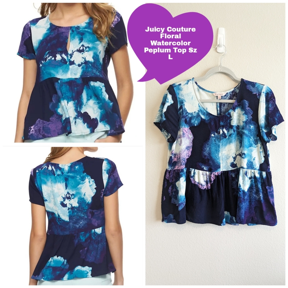 Juicy Couture Floral Watercolor Tie Dye Peplum Short Sleeve Blouse Top Sz L